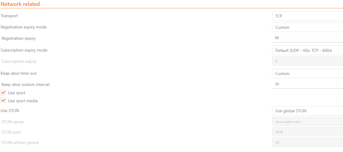 A screenshot of the 'Network related' section of the Advanced Settings in Zoiper.